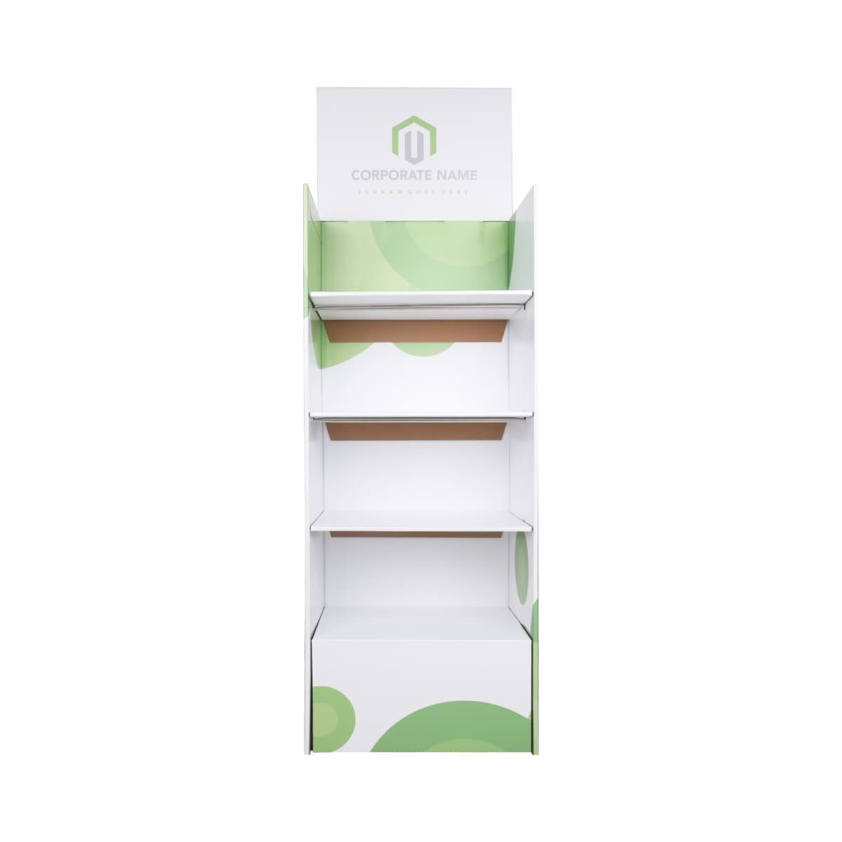 A white retail display stand with four shelves featuring green circular patterns. The top section has space for a corporate logo and name. The stand is empty and isolated on a plain background.