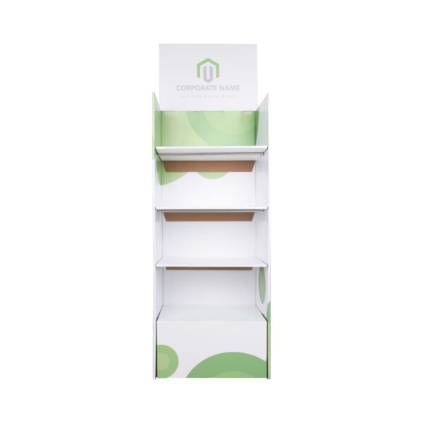 A tall, white cardboard display stand with green circular patterns. It has four shelves and a customizable area at the top for a corporate name and logo.