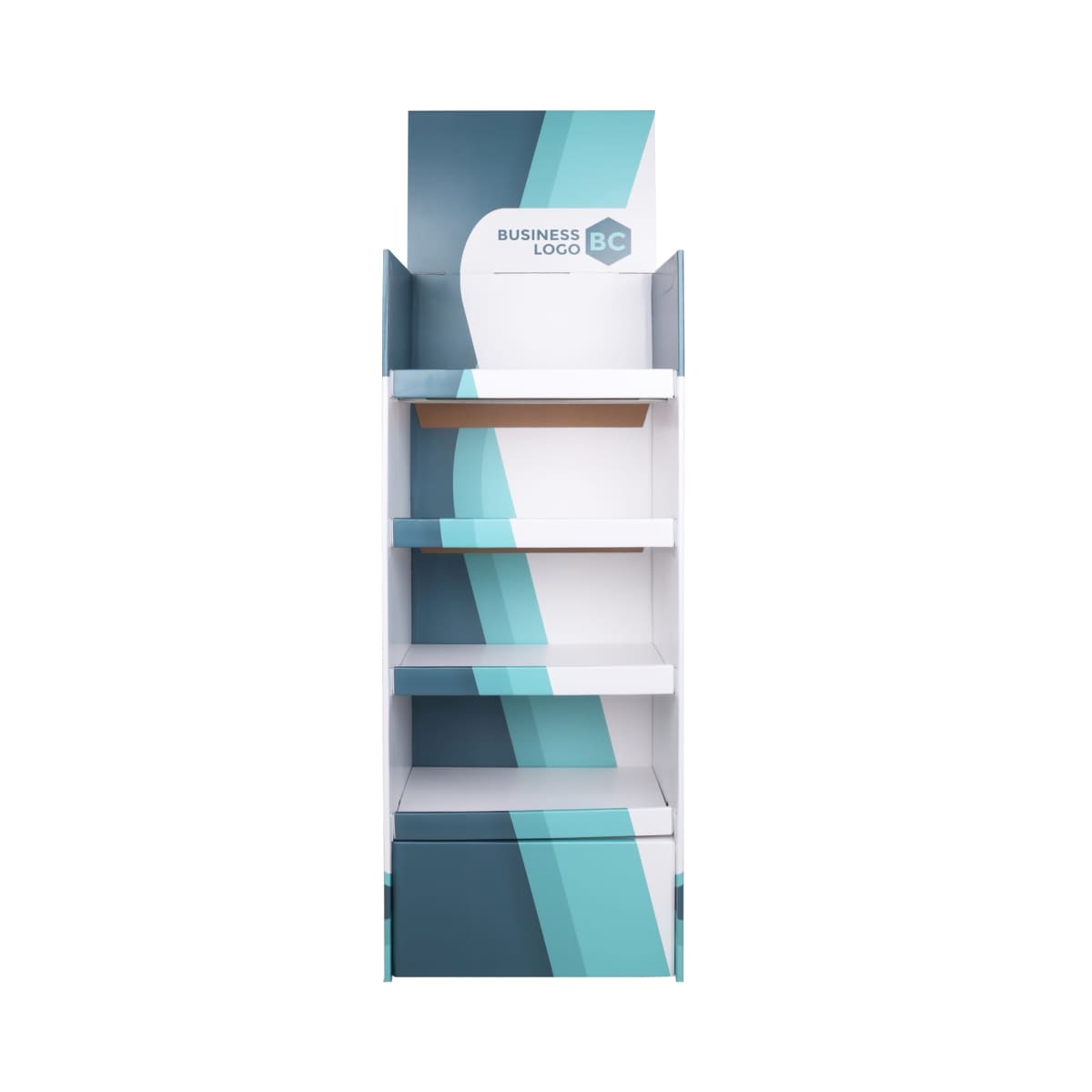 A tall, freestanding display shelf featuring four empty shelves with a teal and white geometric design. The top section has a spot for a logo with the text Business Logo and BC. The shelf is isolated against a white background.