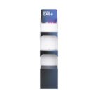A tall, empty display stand with three shelves, labeled Natural Gas at the top. The stand is primarily white with dark blue sides, and a graphic of flames is visible near the label.