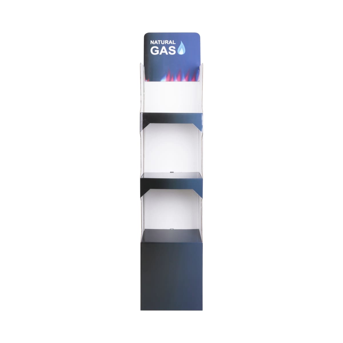 A tall, empty display stand with three shelves, labeled Natural Gas at the top. The stand is primarily white with dark blue sides, and a graphic of flames is visible near the label.