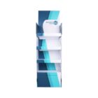 A cardboard display stand with multiple white shelves and a blue gradient design. It features a placeholder logo with the text Business Logo BC at the top. The stand is empty and has a clean, minimalist appearance.