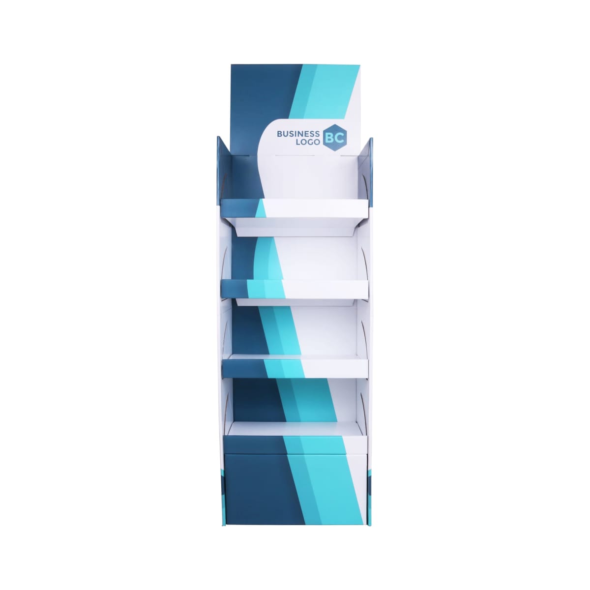 A cardboard display stand with multiple white shelves and a blue gradient design. It features a placeholder logo with the text Business Logo BC at the top. The stand is empty and has a clean, minimalist appearance.