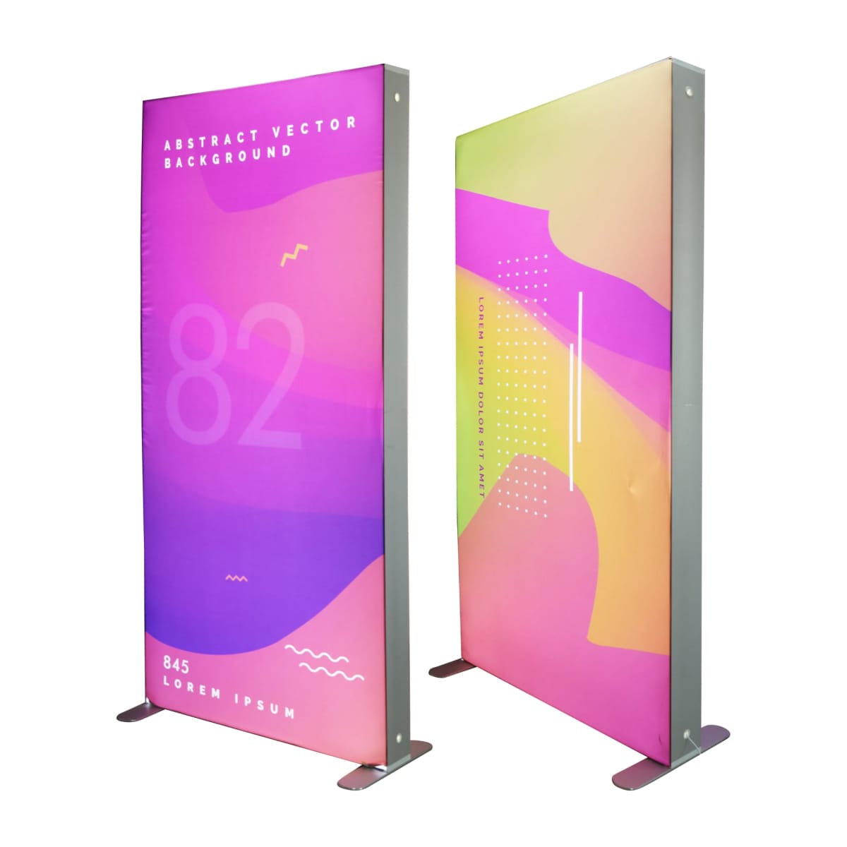 Two vertical display stands with colorful abstract designs. The left stand features text Abstract Vector Background with numbers 82 and 845 over pink and purple gradients. The right stand has a similar style with wavy patterns and dotted lines.