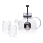 A clear glass teapot with a metal infuser and black handle, accompanied by two transparent glass cups. The set is placed against a plain white background.