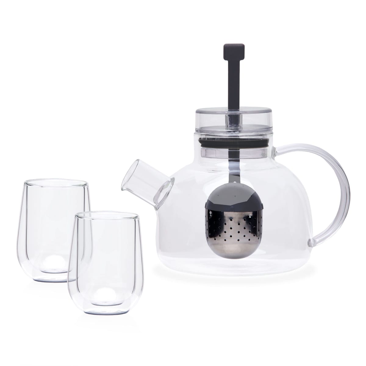 A clear glass teapot with a metal infuser and black handle, accompanied by two transparent glass cups. The set is placed against a plain white background.