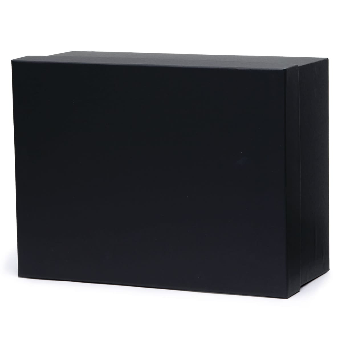 A large, solid black rectangular box with a smooth surface against a white background.