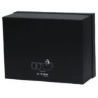 A black rectangular box with minimalist white line drawings of a teapot and two cups on the front. Text reads Tea Pot Set, po di fame, little luxury.
