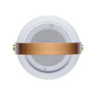 Top view of a circular speaker with a white casing and a perforated metal grille. A tan leather strap runs across the center, attached with gold-colored fasteners on each side.