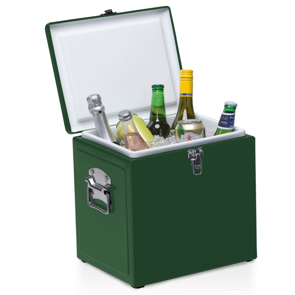 A green cooler filled with ice holds a variety of beverages, including bottles of wine, sparkling water, and other assorted drinks. The cooler is open, displaying the contents inside.