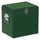 A dark green metal storage box with a hinged lid and a latch lock on the front. The box has sturdy handles on both sides, made of metal with a shiny finish. The design is simple and functional.