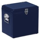 A dark blue metal storage box with a silver latch on the front and a handle on the side. The box has a glossy finish and sturdy construction.