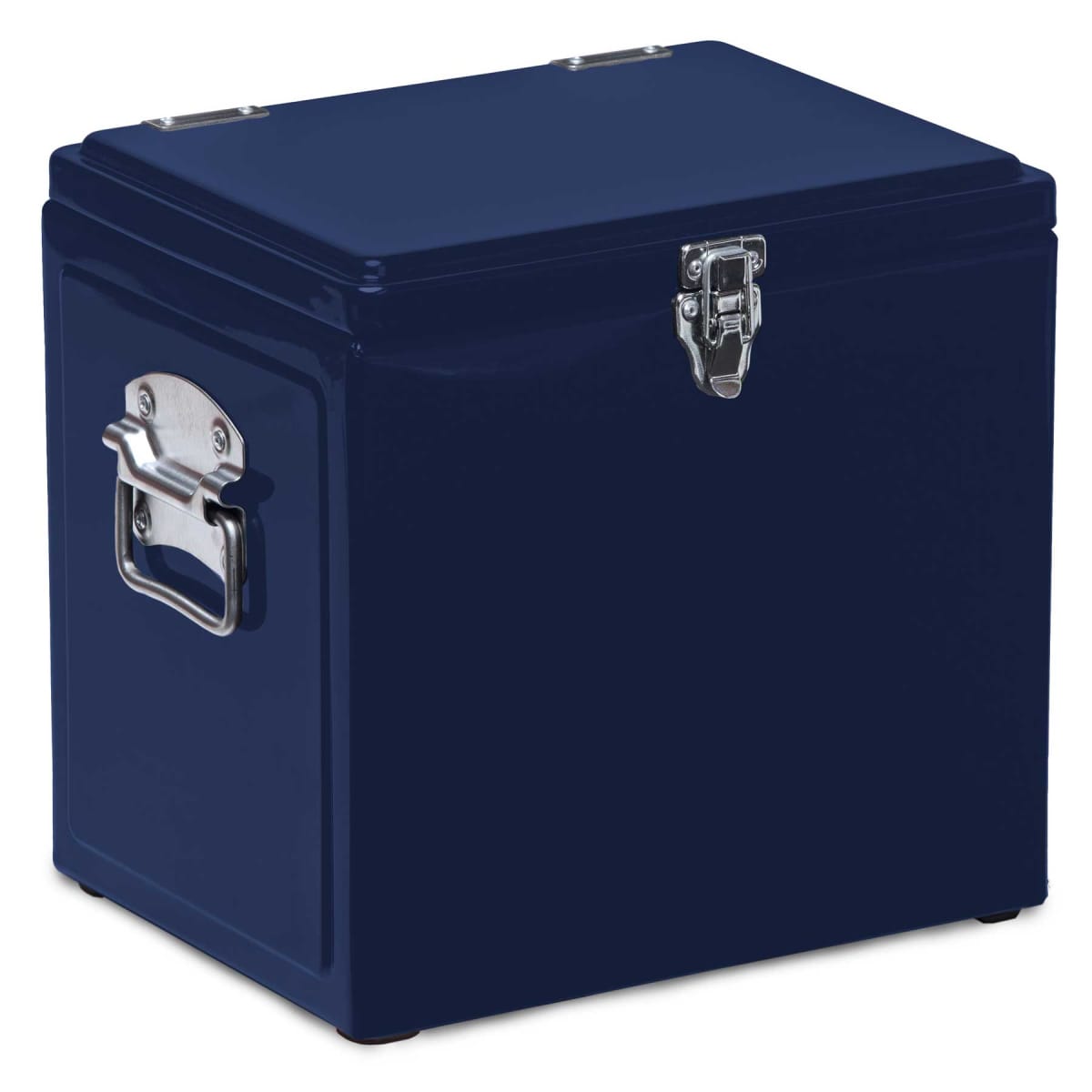 A dark blue metal storage box with a silver latch on the front and a handle on the side. The box has a glossy finish and sturdy construction.