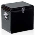 A black metal storage box with a hinged lid and latch closure. It has sturdy handles on the sides for easy carrying. The box is simple and functional, suitable for organizing or transporting items.