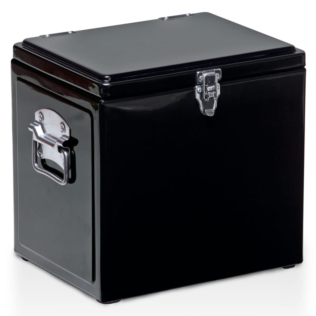 A black metal storage box with a hinged lid and latch closure. It has sturdy handles on the sides for easy carrying. The box is simple and functional, suitable for organizing or transporting items.