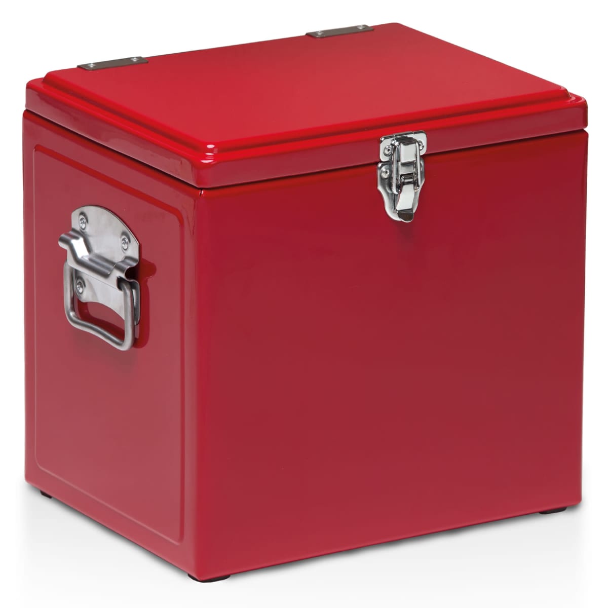 A large red metal storage box with a latch on the front and a handle on the side, set against a white background.