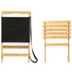 Two folding chairs are shown. The left chair is made of light wood with a black fabric seat and a side strap for carrying. The right chair, also of light wood, lacks fabric, displaying its wooden slats. Both have a simple, portable design.