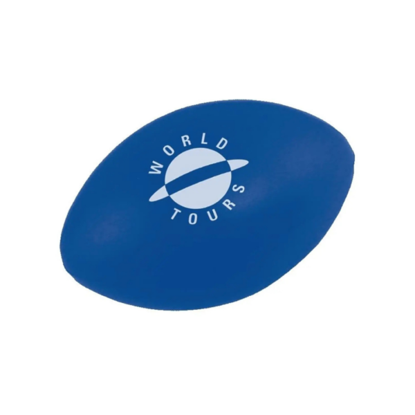 A blue, oval-shaped stress ball resembles an American football, featuring a central white logo of a ringed planet and the words WORLD TOURS. Perfect for rugby lovers or as a stress-relief tool. Product Name: Stress Rugby Balls.