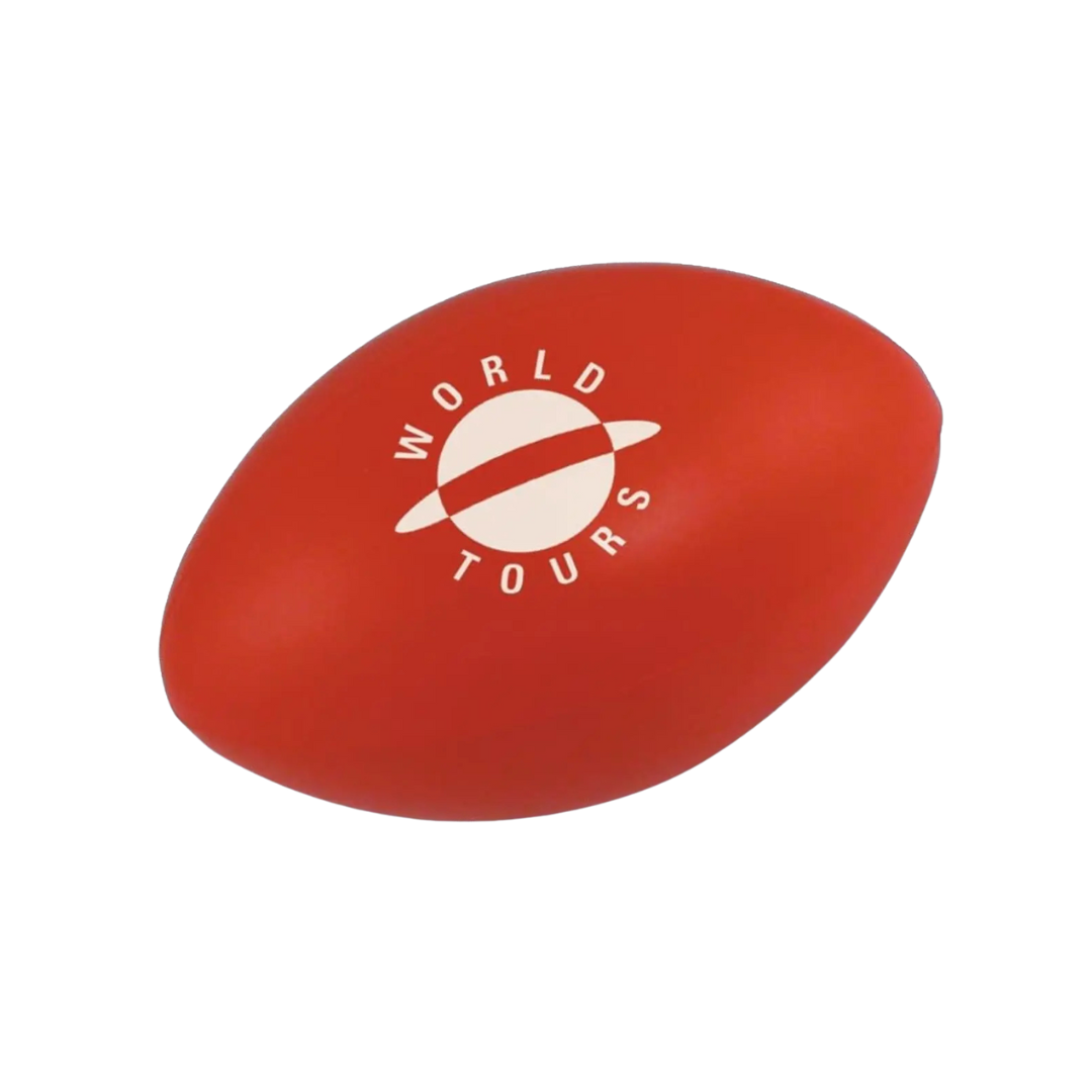 The Stress Rugby Balls in red, featuring a World Tours message and planet graphic, offer a fun way to ease stress with their football-like shape, perfect for sports fans seeking relaxation.