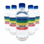 Five bottles of 350Ml Spring Water with blue caps and colorful striped labels.