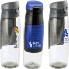 Three transparent water bottles with gray lids. Each bottle features a different logo: Burdekin Shire Council, Easy Travel on a blue background, and Block Financial with a blue geometric design.
