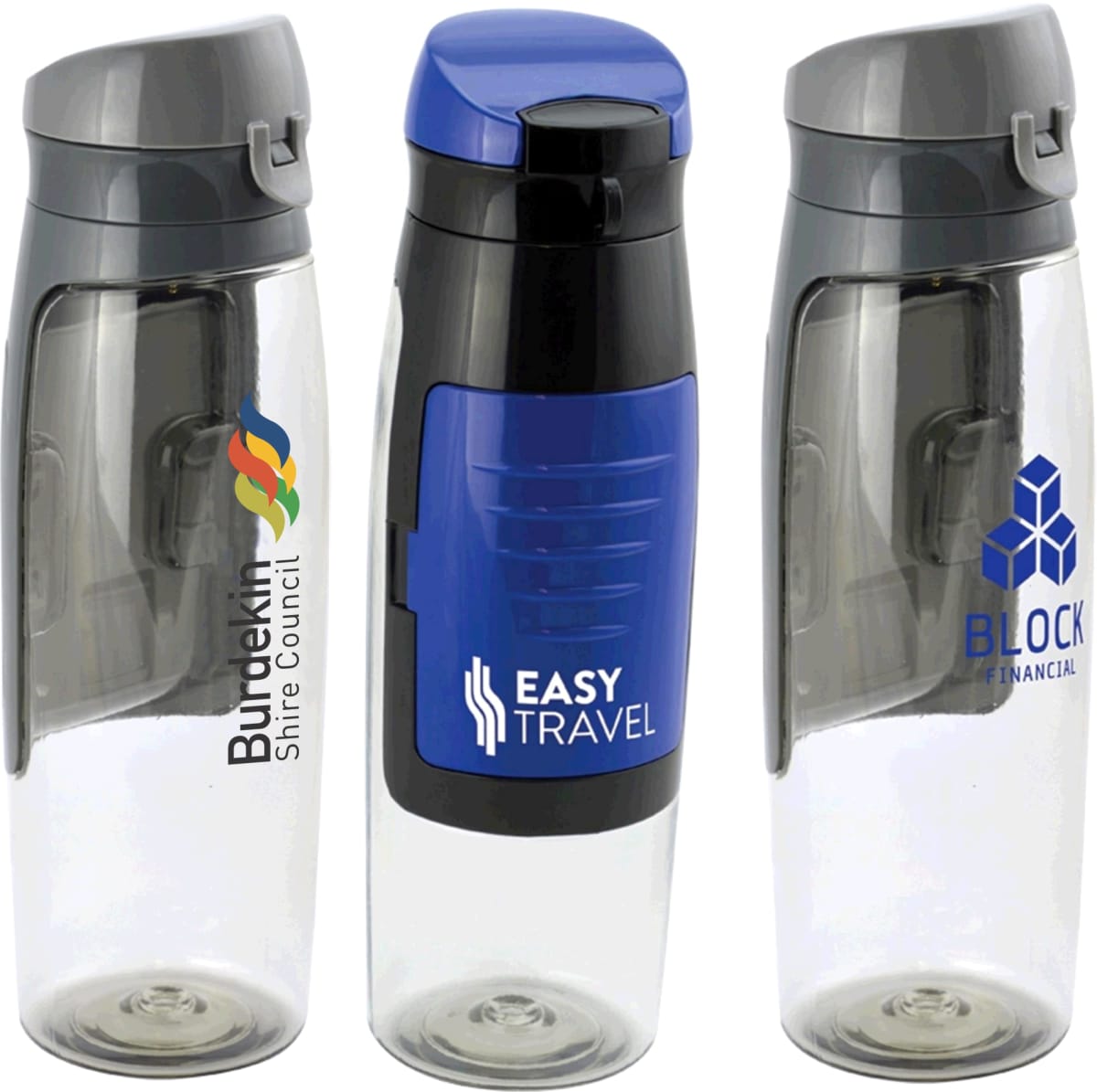 Three transparent water bottles with gray lids. Each bottle features a different logo: Burdekin Shire Council, Easy Travel on a blue background, and Block Financial with a blue geometric design.