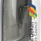 A gray water bottle with a flip-top lid. It features the Bundaberg Shire Council logo, which includes colorful abstract shapes. The bottle is transparent and standing upright.