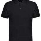 Black short-sleeve polo shirt displayed on a plain white background. The shirt features a collar and a button-up placket with three buttons.