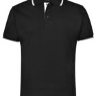 Black polo shirt with a white trim on the collar and sleeve edges. The shirt features a three-button placket.