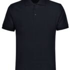 Black short-sleeved polo shirt with a classic collar and three-button placket, displayed on a plain white background.