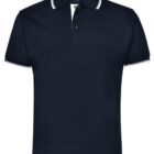 A dark polo shirt with white accents on the collar and sleeves. It features a three-button placket.