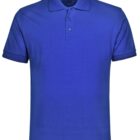 A plain royal blue polo shirt with short sleeves and a collar, featuring a three-button placket.