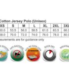 A size chart for a unisex polo shirt with measurements for sizes S to 5XL, displaying half chest and body length in centimeters. The chart highlights features like UV protection, breathability, antibacterial, and quick-dry fabric.