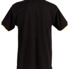 The image shows the back view of a black polo shirt with short sleeves. The shirt features yellow piping along the edges of the sleeves and the collar.