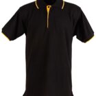Black polo shirt with yellow trim on the collar and sleeve edges. The shirt has buttons on the front, typical of a polo design.