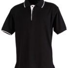 Black polo shirt with a white button placket and collar trim. The short sleeves also feature white trim. The shirt has a classic, casual style suitable for various occasions.