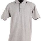 A light gray polo shirt with short sleeves, featuring a collar and three buttons. The shirt has black trim on the sleeves and collar, providing a subtle contrast to the overall design.