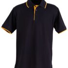 A black polo shirt with short sleeves, featuring yellow trim on the collar and button placket. The edge of the sleeves also has a subtle yellow accent.