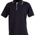 Black polo shirt with short sleeves and a collar, featuring white trim along the edges and button placket.