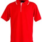 Red polo shirt with a white trim on the collar and sleeves, featuring a buttoned placket.