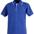 A blue polo shirt with white trim on the collar and sleeve edges. The shirt has a three-button placket at the collar.