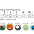 A size chart for PS08 Mens Contrast Pique Short Sleeve Polo, showing half chest and body length measurements for sizes XS to 5XL. Icons below indicate fabric features like Cooldry, moisture wicking, antibacterial, UV protection, and easy care.