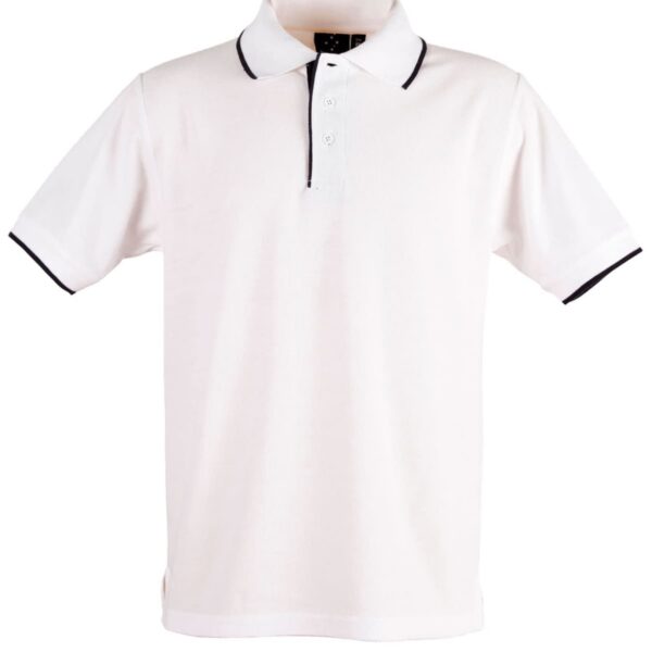 A plain white polo shirt with black trim on the collar and sleeve edges. It features a button-up collar with three buttons and short sleeves. The shirt is displayed against a plain white background.