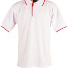 A plain white polo shirt with short sleeves and red trim on the collar and sleeve edges, displayed on a white background.