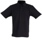 A plain black short-sleeved polo shirt with a collar and three buttons. It is displayed on a white background.