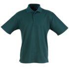 A dark green polo shirt with short sleeves and a classic collar. The shirt has a three-button placket and is displayed on a plain white background.