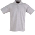 Gray polo shirt with short sleeves and a collar. It features a three-button placket down the front. The shirt is plain with no visible logos or patterns.