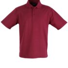 A plain burgundy polo shirt with short sleeves and a three-button placket. The shirt has a classic collar and no visible logos or patterns. It is displayed against a white background.