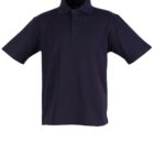 A plain navy blue polo shirt with short sleeves and a three-button placket, shown on a white background.