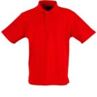 A bright red polo shirt with a collar and short sleeves, shown on a plain white background. The shirt features a button placket at the neck.
